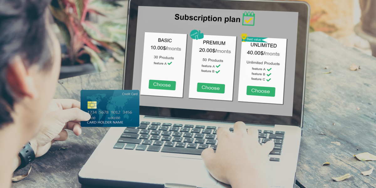 Figure at laptop showing subscription options